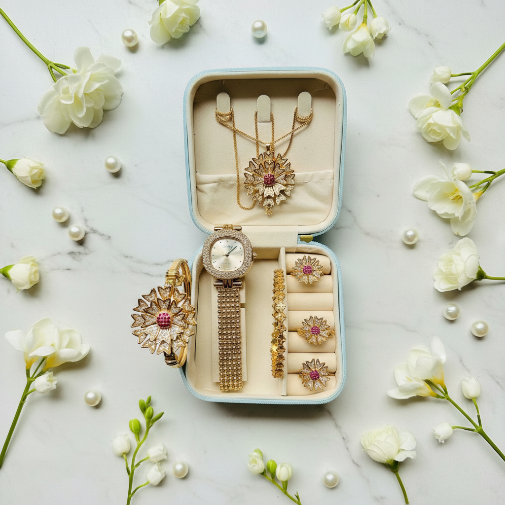 Complete Ladies Jewelry Gift Box – 7 Pcs Luxury Floral Set with Premium Case