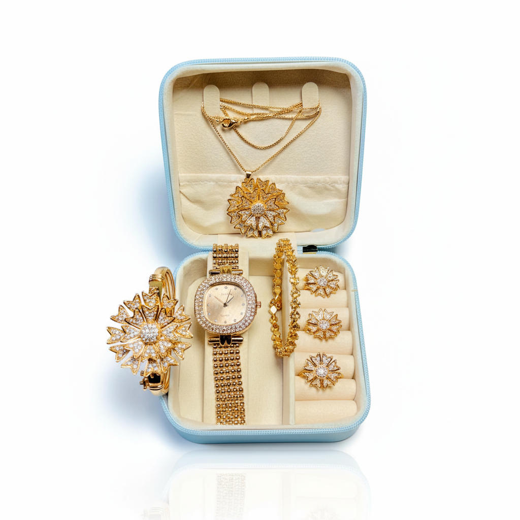 Luxury White Stone Jewelry Gift Box – 7 Pcs Ladies Premium Floral Set