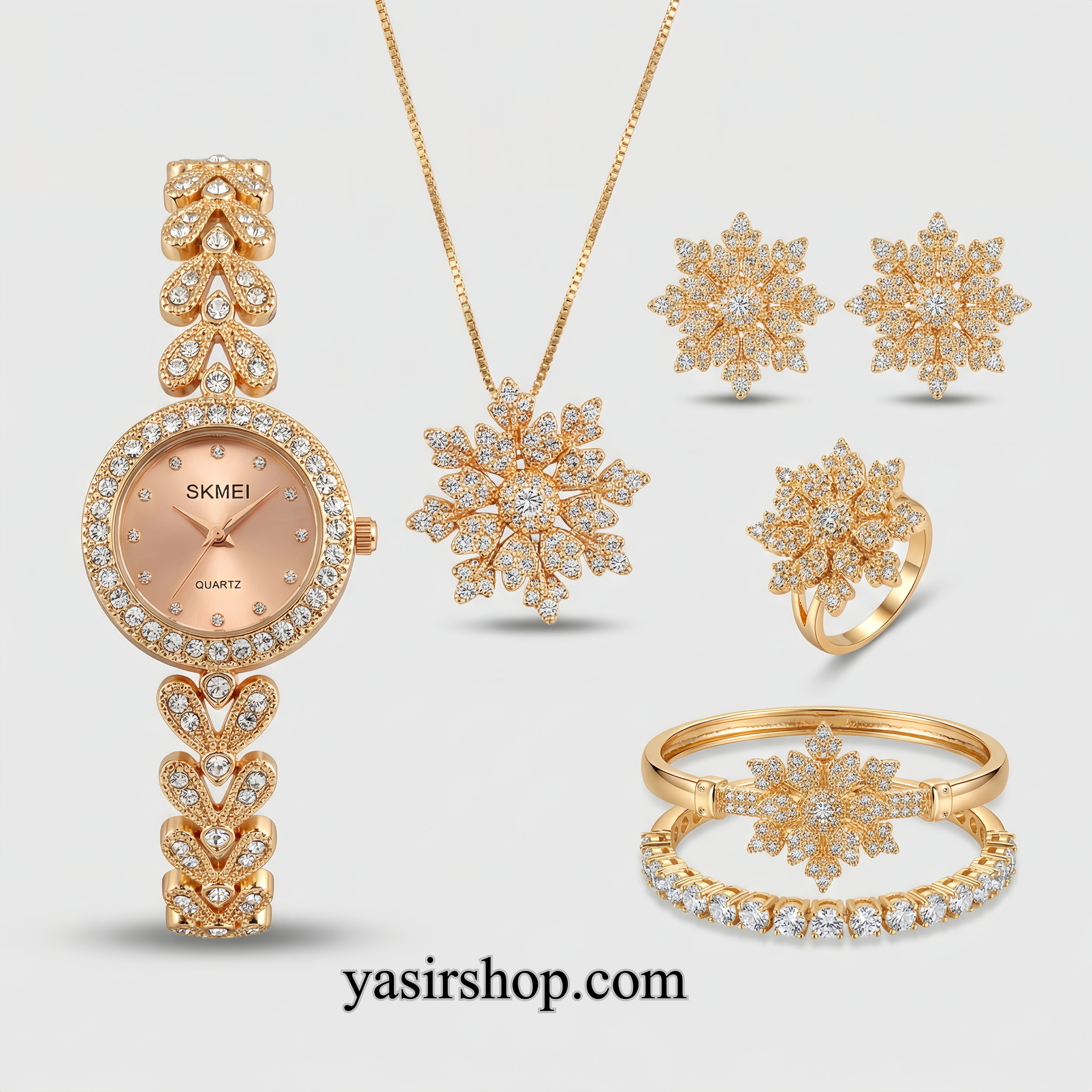 Luxury Gold Plated Snowflake Jewelry Gift Set – 7 in 1 with Crystal Watch | Bridal & Party Wear for Women