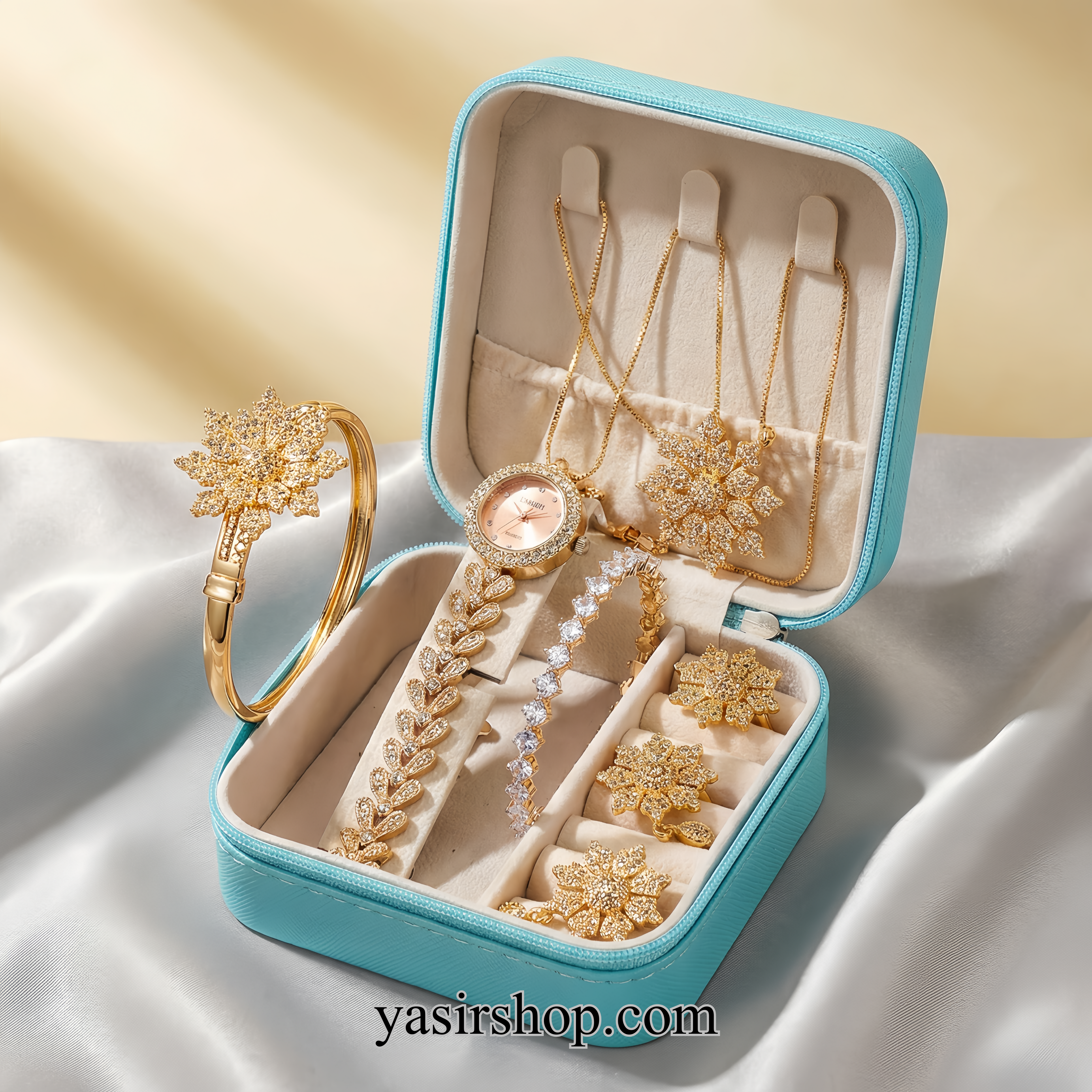 Luxury Gold Plated Snowflake Jewelry Gift Set – 7 in 1 with Crystal Watch | Bridal & Party Wear for Women
