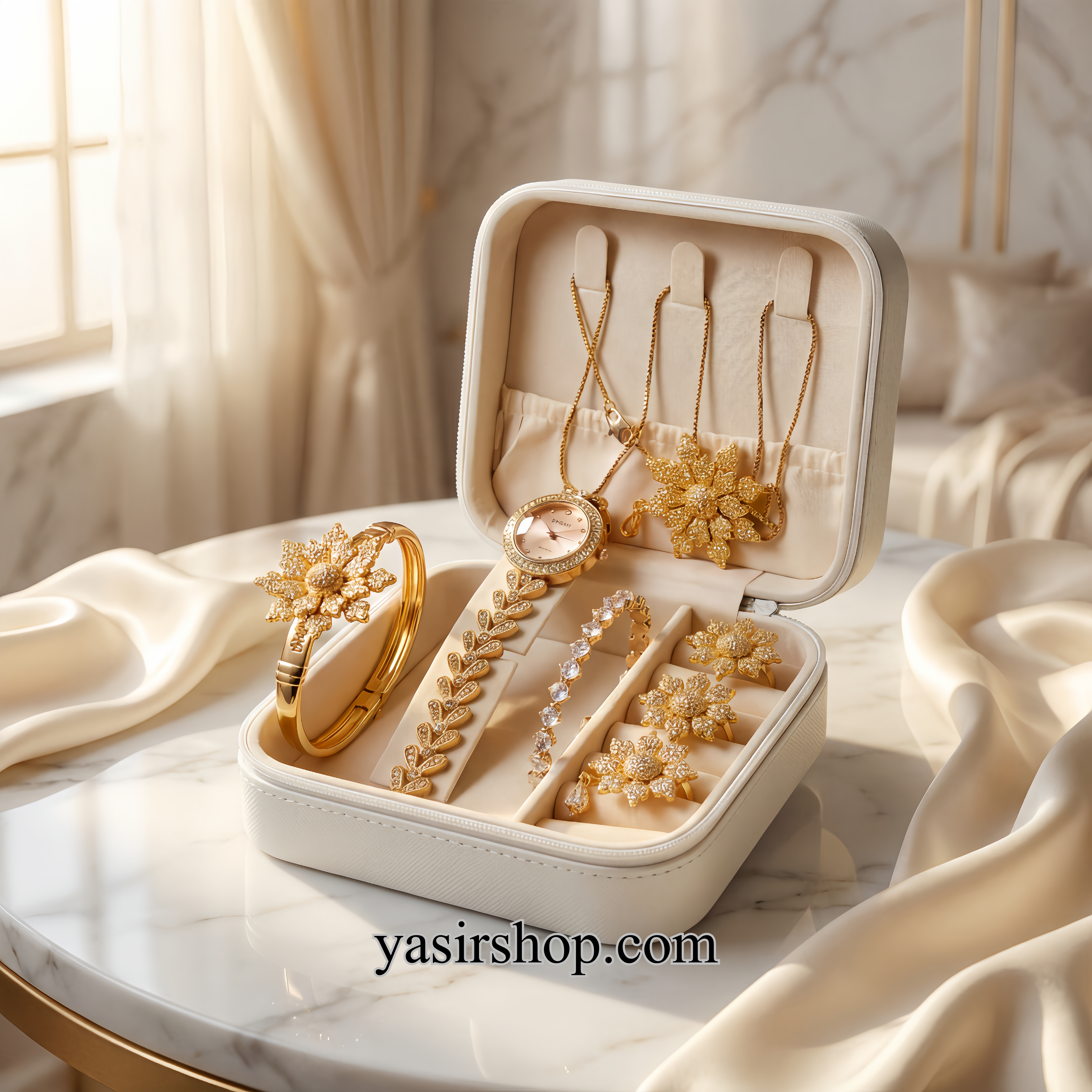 Luxury Gold Plated Snowflake Jewelry Gift Set – 7 in 1 with Crystal Watch | Bridal & Party Wear for Women