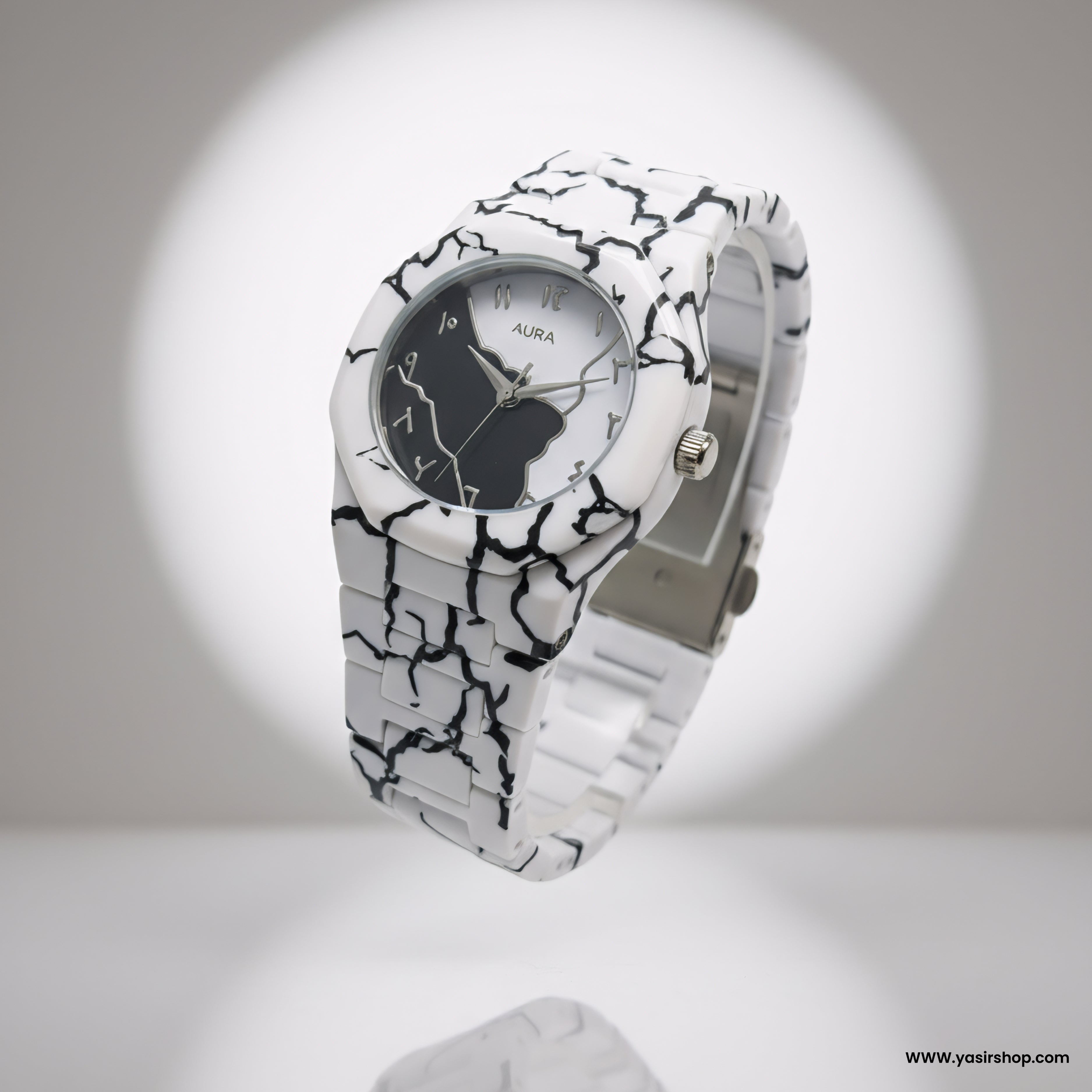 Arabic Dial White Cracked Watch – Stylish Unisex Edition (Free Delivery)