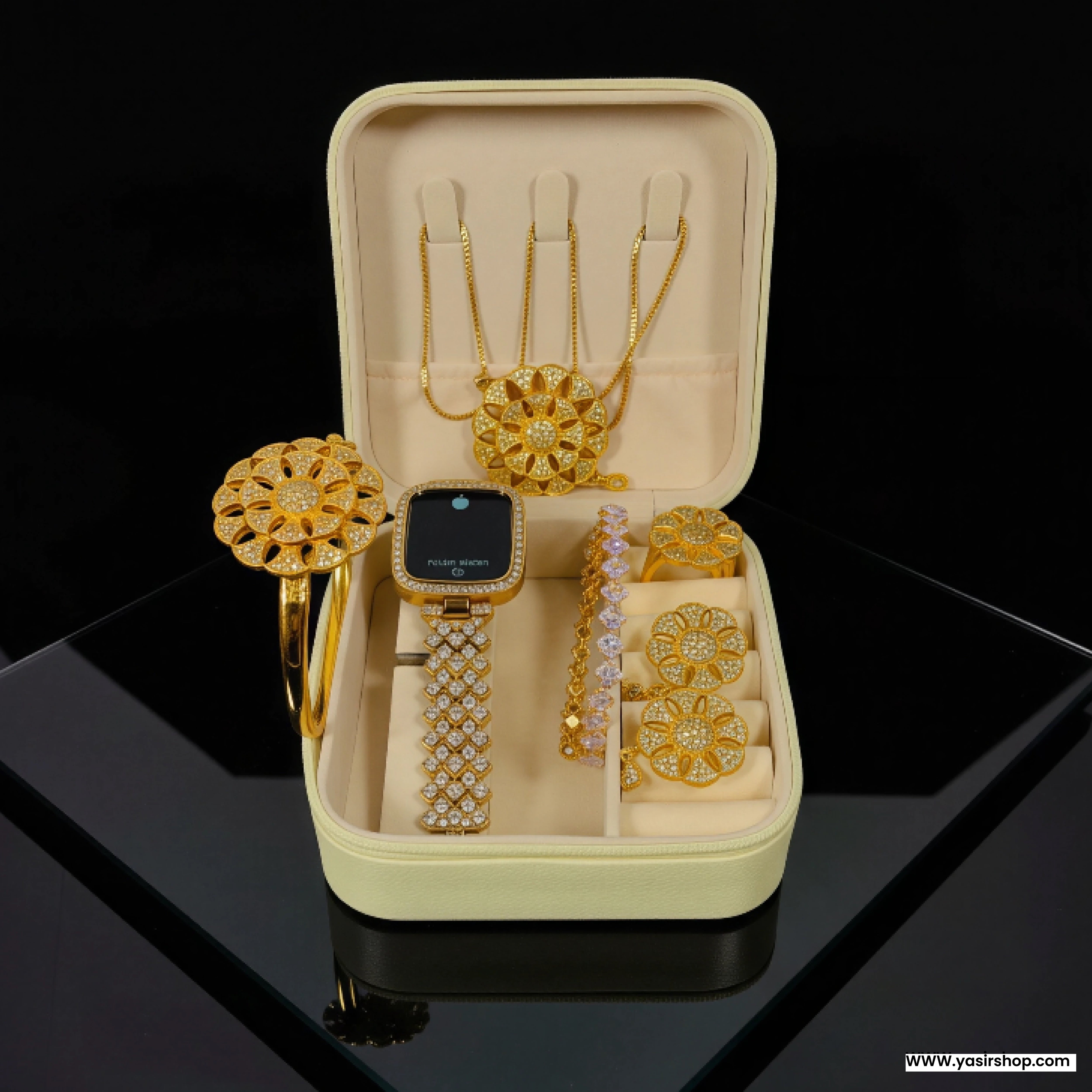 Luxury Gold Plated Women Jewelry Gift Set – 7 in 1 with LED Digital Watch | Bridal & Party Wear Gift Box