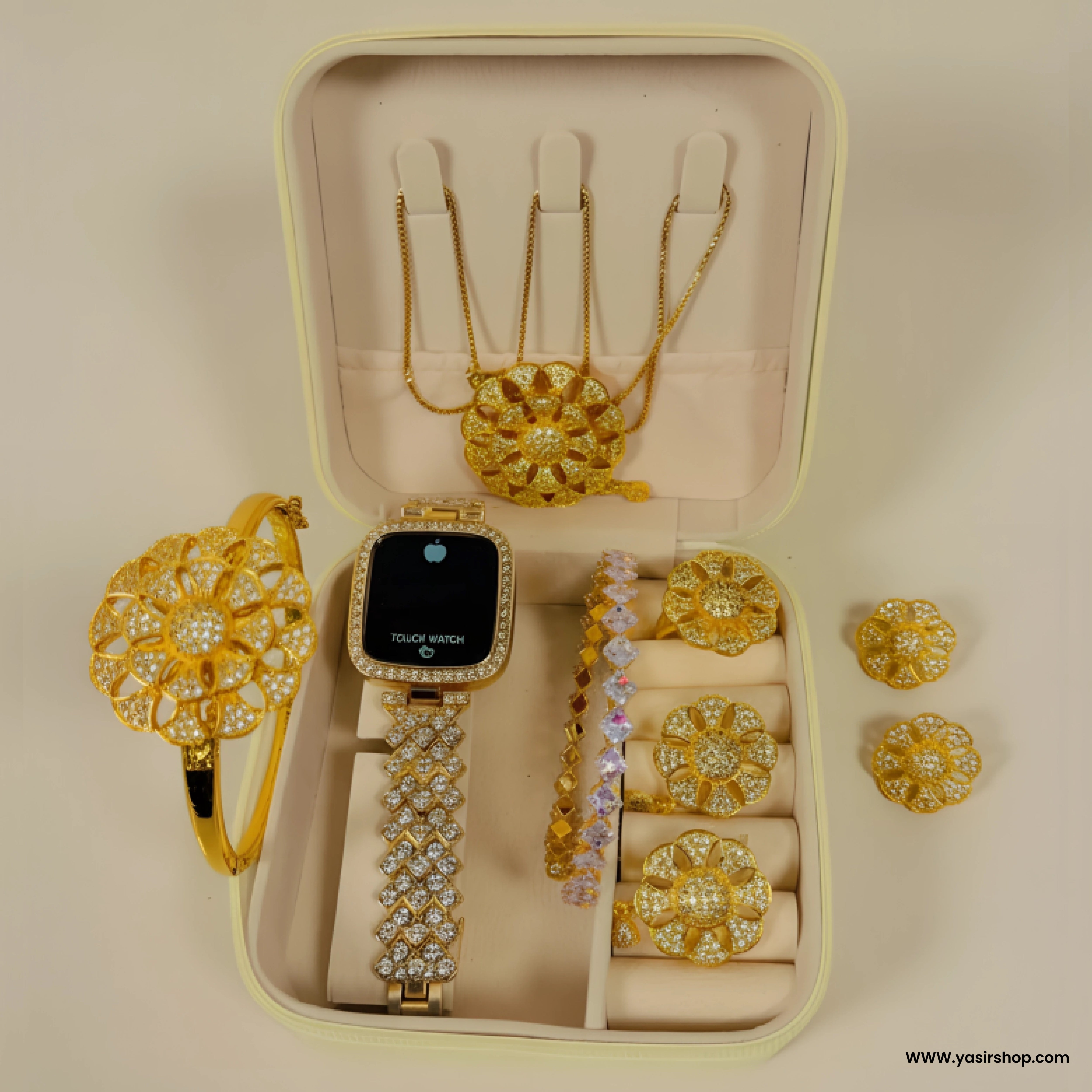 Luxury Gold Plated Women Jewelry Gift Set – 7 in 1 with LED Digital Watch | Bridal & Party Wear Gift Box