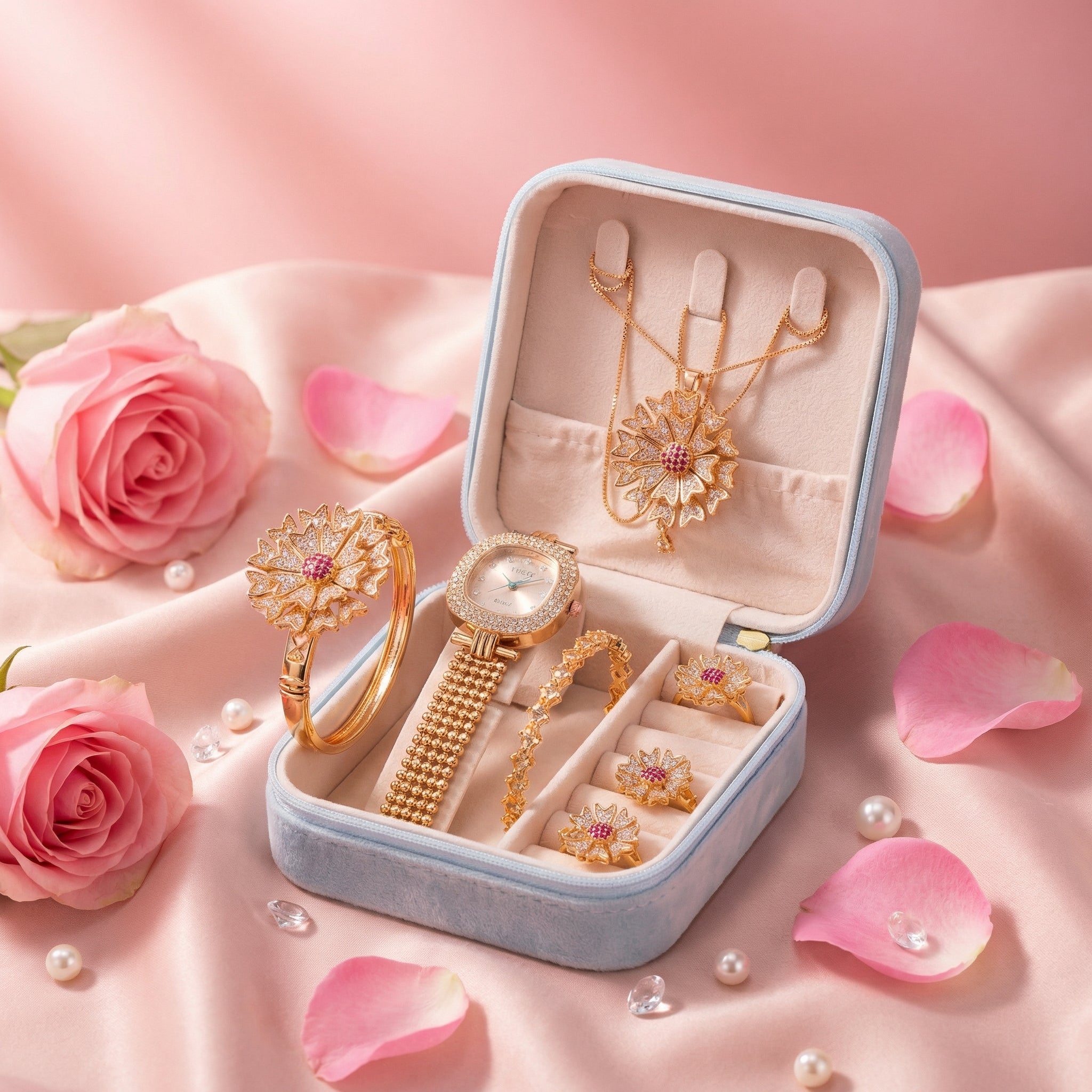 Complete Ladies Jewelry Gift Box – 7 Pcs Luxury Floral Set with Premium Case