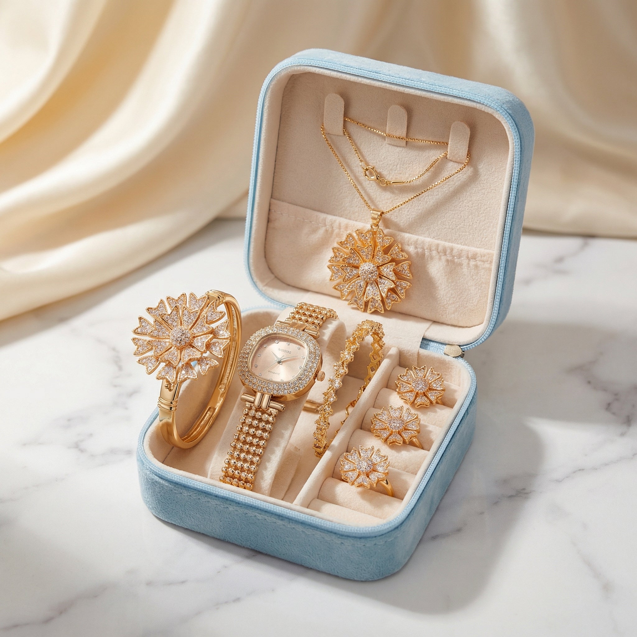 Luxury White Stone Jewelry Gift Box – 7 Pcs Ladies Premium Floral Set