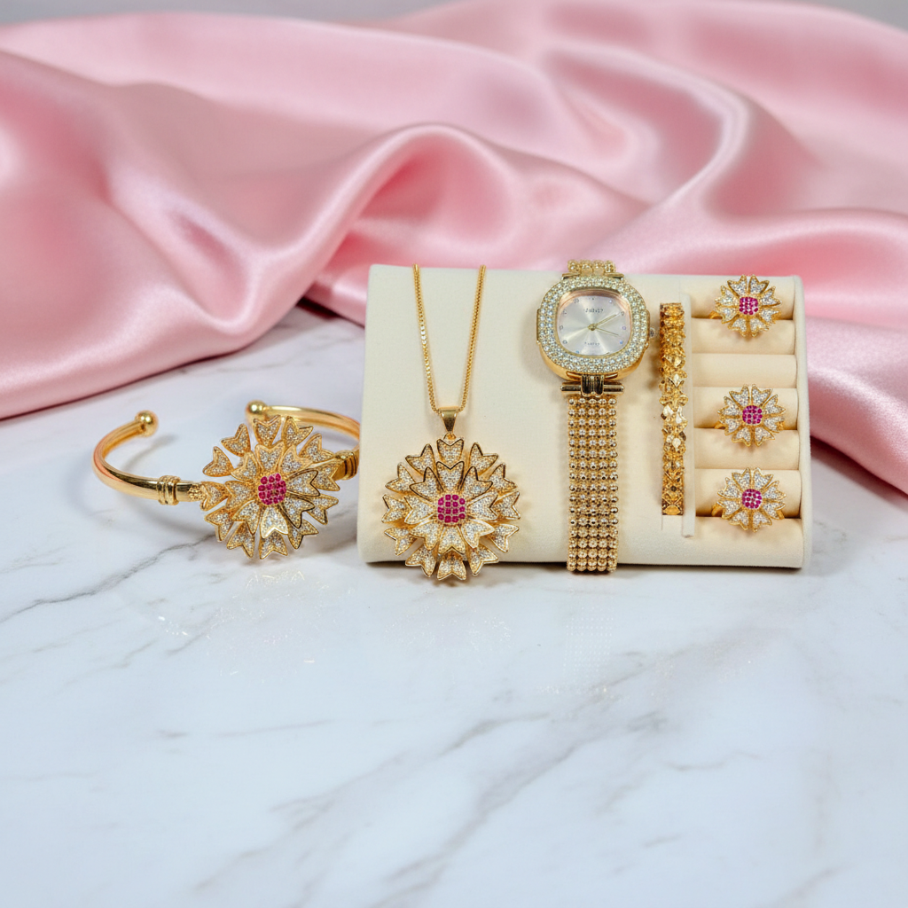 Complete Ladies Jewelry Gift Box – 7 Pcs Luxury Floral Set with Premium Case