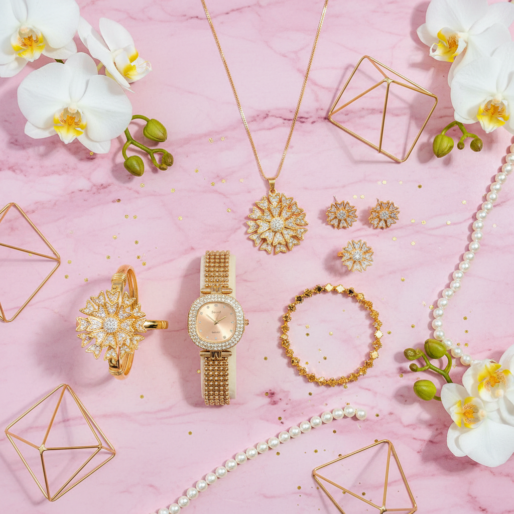 Luxury White Stone Jewelry Gift Box – 7 Pcs Ladies Premium Floral Set