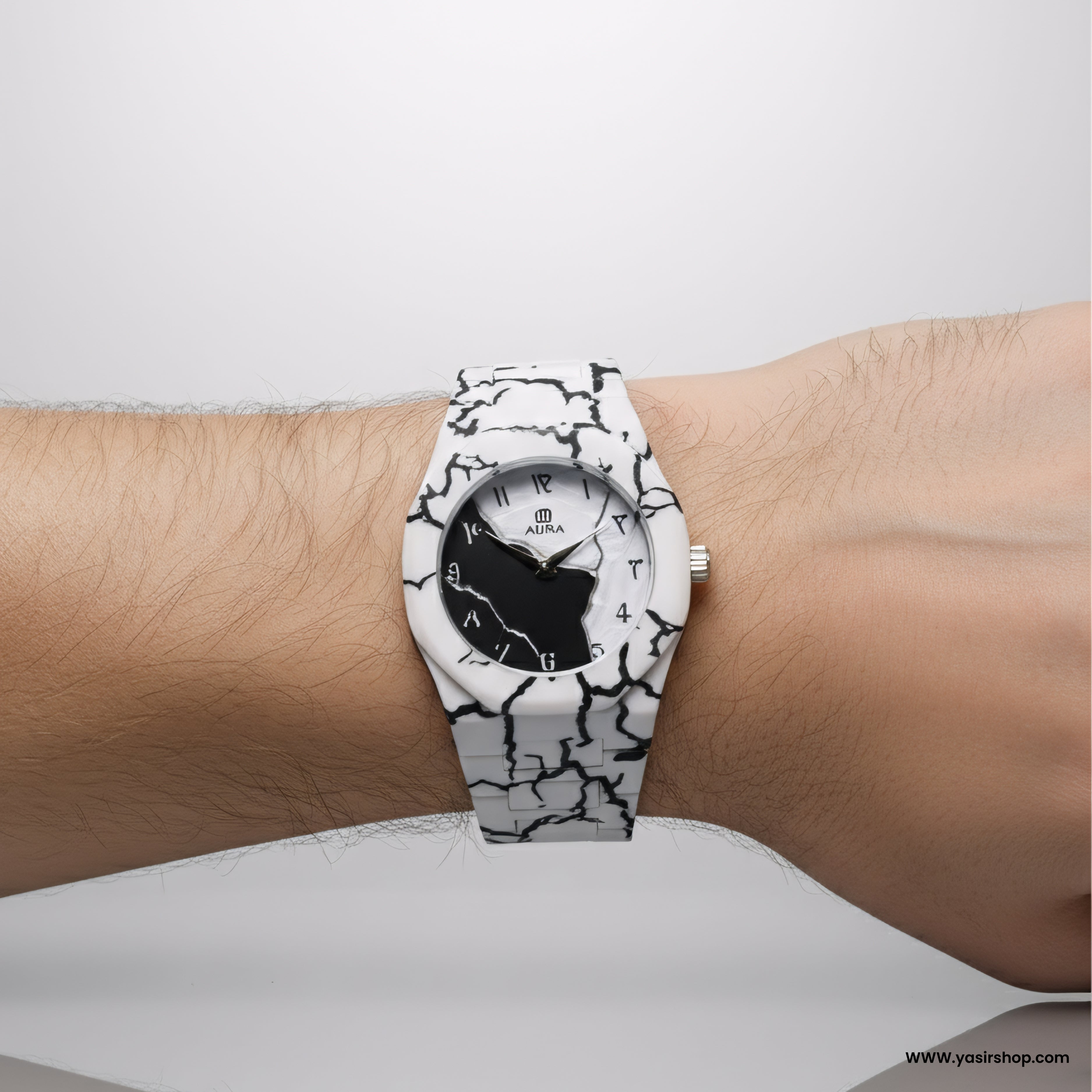Arabic Dial White Cracked Watch – Stylish Unisex Edition (Free Delivery)