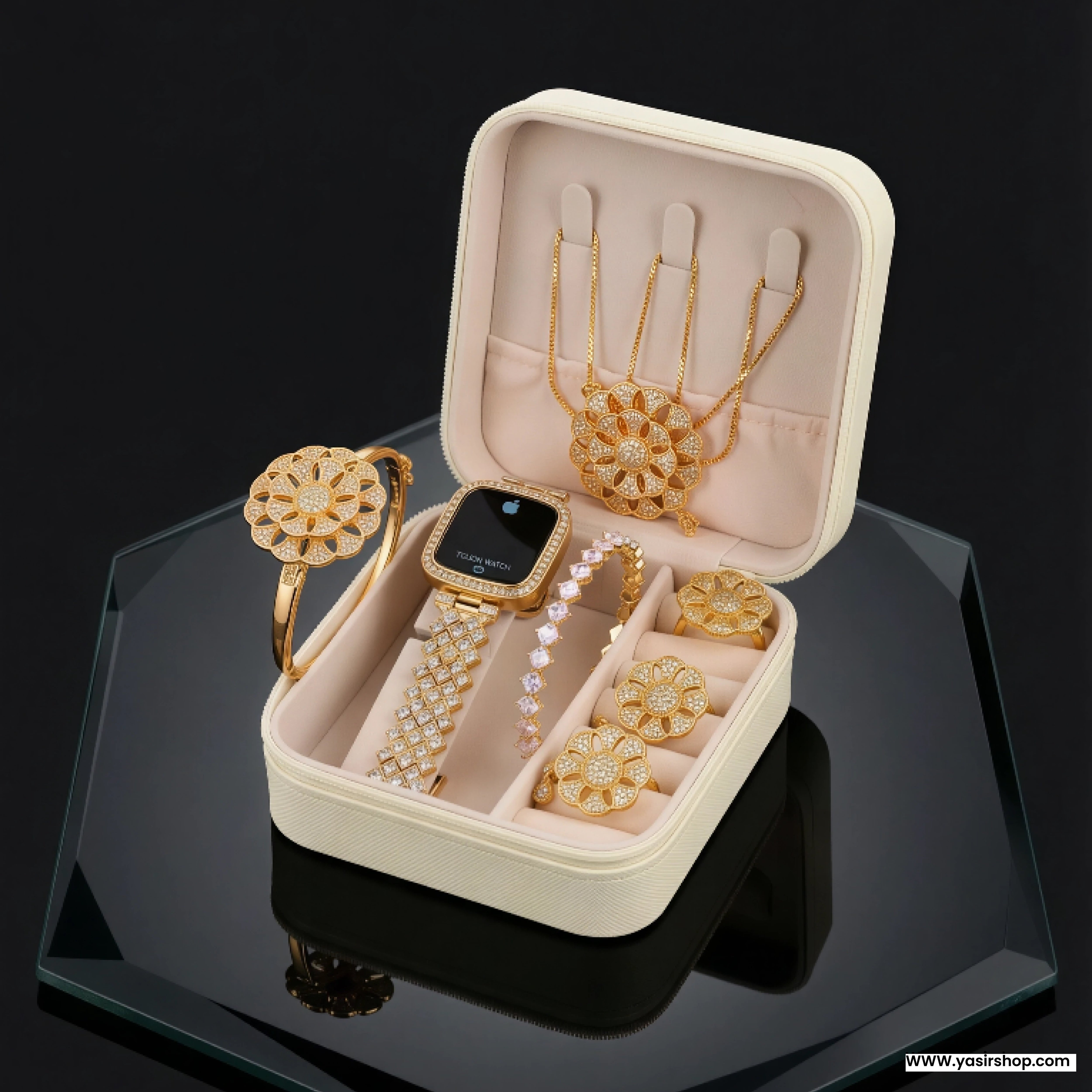 Luxury Gold Plated Women Jewelry Gift Set – 7 in 1 with LED Digital Watch | Bridal & Party Wear Gift Box